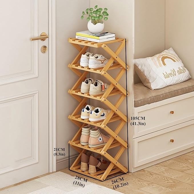 Foldable Shoe Rack, Bamboo Vertical Shoe Organizer Tall for Small Spaces. Multifunctional Narrow Shoe Shelf for Entryway, Closet, Corner, Bedroom, Hallway, Wood Color 6 Layers