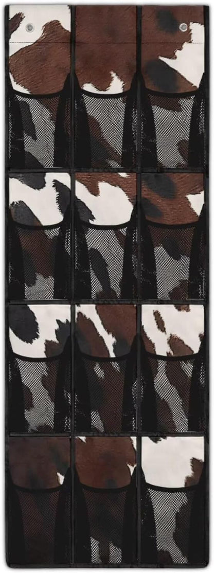 Multi-Pocket Over the Door Organizer, 12 Mesh Pockets Storage Hanging Bag Behind the Door for Shoes Toys and Cleaning Supplies, Fabric Door Organizer for Bedroom Bath, Brown Cowhide Print