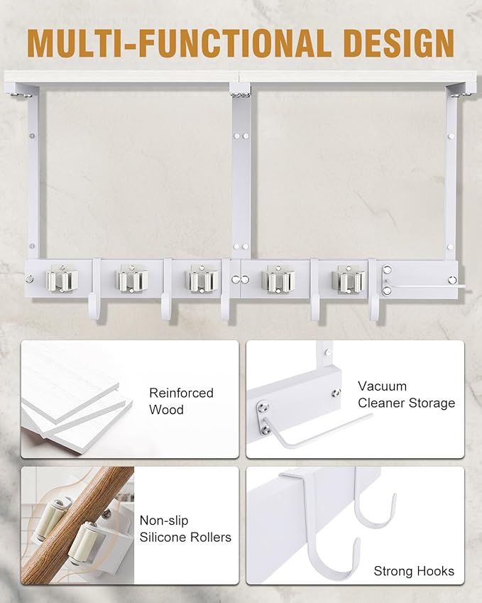 Broom Holder Wall Mount with Top Wooden Shelf, Heavy Duty Metal Cleaning Supplies Broom Hanger with Vacuum Organizer and 5 Slots & 5 Hooks for Laundry Garage Tool Storage Kitchen (Large, White)
