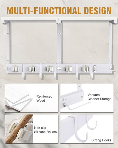 Broom Holder Wall Mount with Top Wooden Shelf, Heavy Duty Metal Cleaning Supplies Broom Hanger with Vacuum Organizer and 5 Slots & 5 Hooks for Laundry Garage Tool Storage Kitchen (Large, White)