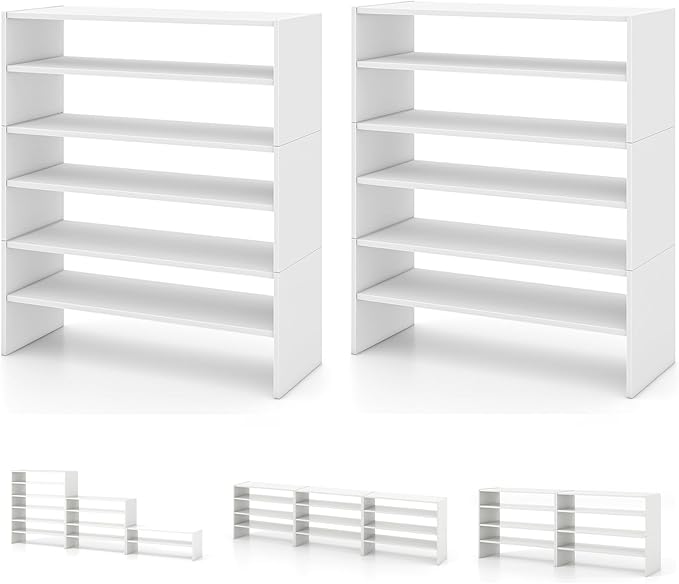 Giantex 3-in-1 Vertical Shoe Rack, 6-Tier Free Standing Shoe Storage Organizer w/Stackable Design for 18 Pairs, 31 Inch Wide Wood Shoe Shelf for Closet, Entryway, Living Room, Office (2, White)