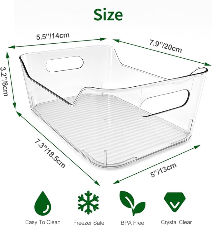 8 Pack Acrylic Pantry Storage Bins, Storage Bins for Cabinets, Clear Bins for Pantry, Cabinets, Organizing, Fridge, Kitchen (7.9” x 5.5” x 3.2”)