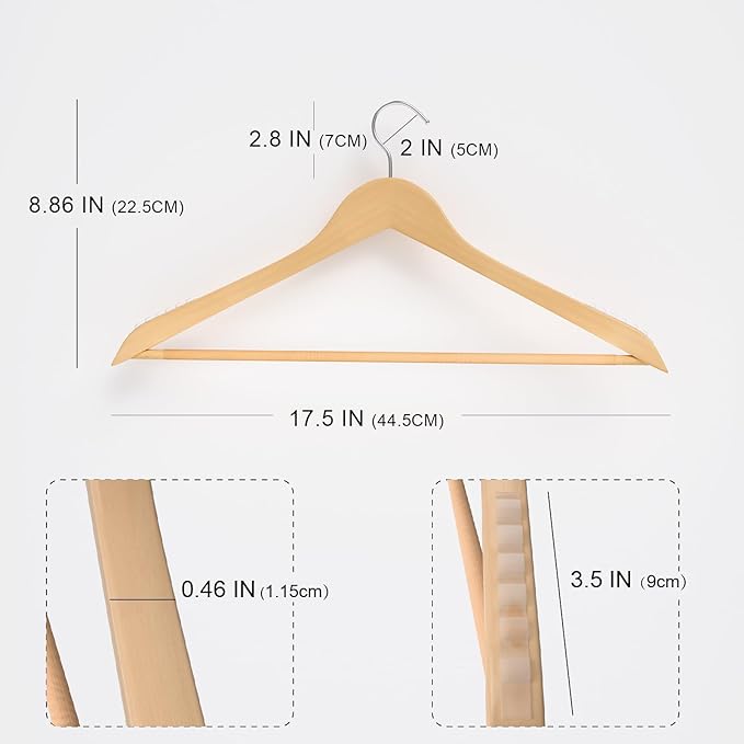 10 Pack Ergonomic Design Wooden Hangers with 360° Swivel Hook, Suit Hanger with Non Slip Pants Bar, Solid Wood Coat Hangers for Dress, Jacket, Pants, Heavy Clothes