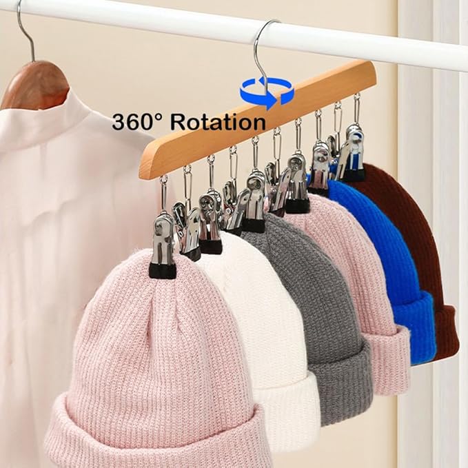 4 Pack Hat Hangers for Closet Display, Wooden Hat Storage Organizer with 40 Metal Clips for Baseball Caps, Summer Hat Rack for Beanie, Skullies, Visors, Walnut Brown Color