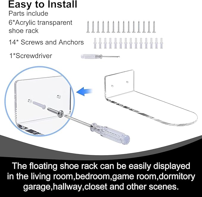 Acrylic Floating Shoe Rack (Set of 6) Wall Mount Display Shoe Rack Transparent Storage Rack for Home Use Sneaker Display Rack with Screws and Anchors