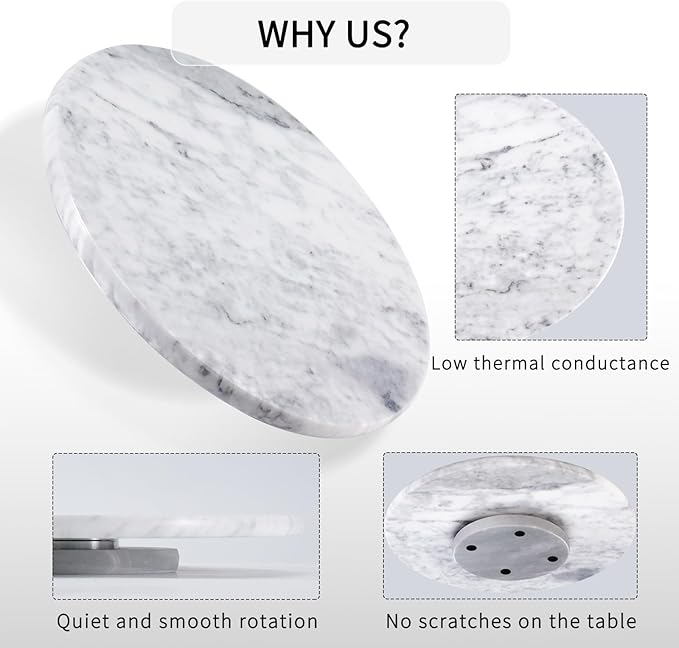 12" Mable Lazy Susan, 100% Natural Marble Round Tray with Silent Rotating, Kitchen Turntable Storage Turner Revolving Cake Leveler Spinner for Cupcake, Food, Seasoning