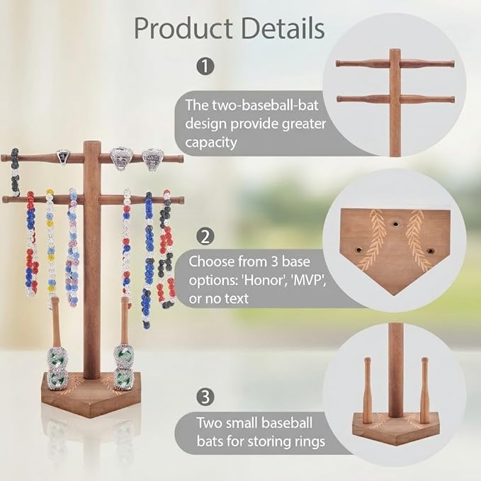 NEW Wooden Baseball & Softball Championship Ring Holder with Drip Necklace Display – Sports Organizer Baseball Gifts for Jewelry & Awards(NO TEXT)