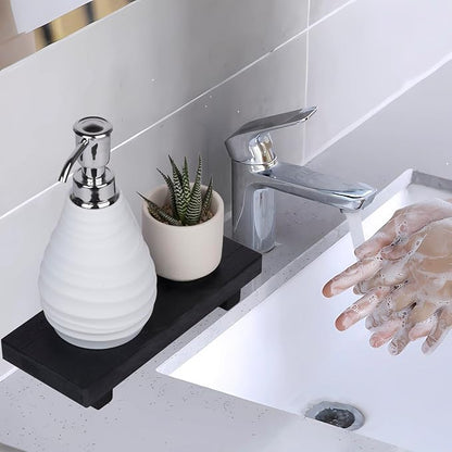 zoocatia Small Wood Tray Pedestal Stand Farmhouse Bathroom Decor Decorative Wooden Riser Kitchen Soap Dish Holder for Vanity, Counter, Sink, Black