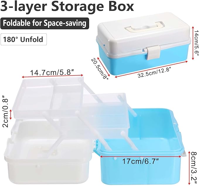 Hipiwe 3-Layer Plastic Storage Box 12.8" Multipurpose Craft Organizers with Dividers & Handle Hair Accessories Organizer Folding Craft Tool Case Portable Tackle Box for Sewing Art Cosmetic, Blue
