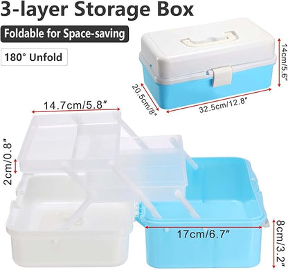 Hipiwe 3-Layer Plastic Storage Box 12.8" Multipurpose Craft Organizers with Dividers & Handle Hair Accessories Organizer Folding Craft Tool Case Portable Tackle Box for Sewing Art Cosmetic, Blue