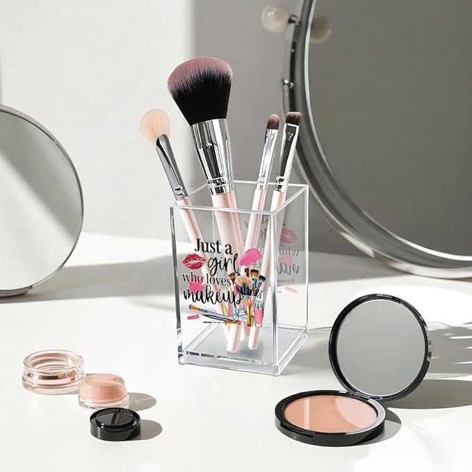 Just A Girl Who Loves Makeup Acrylic Makeup Brush Organizer Holder, Girls Desk Acrylic Brushes Storage, Christmas Birthday Gifts for Daughter Niece Sister BFF Make Up Artist Makeup Lover