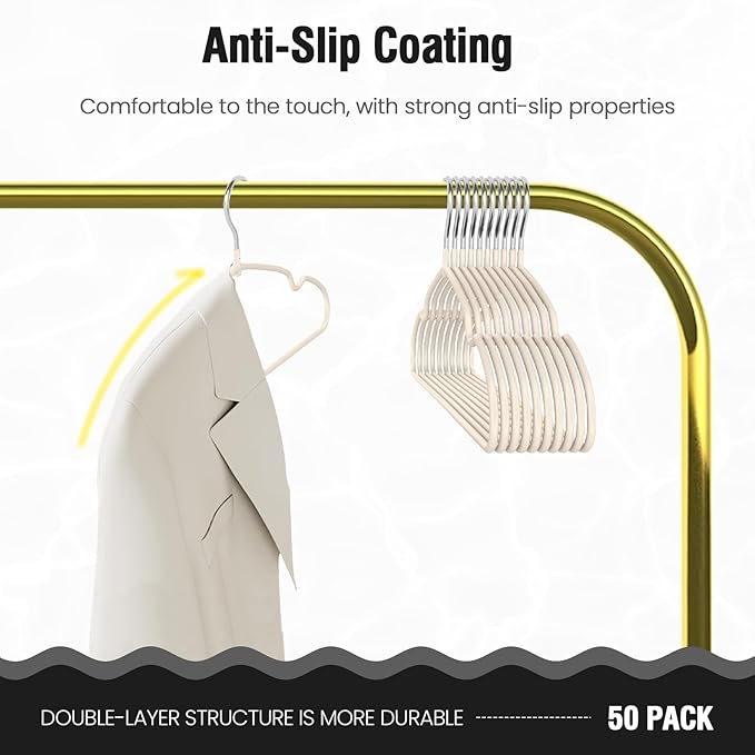 Jiang&Rong 50 Pack Non Slip Rubber Coated Metal Hangers, Wire Coat Hangers, Space Saving Thin Design for Clothes, Sweaters, Shirts & Pants - White