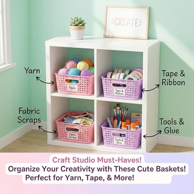 Mixed Color Small Plastic Open Storage Weave Baskets, 6-Pack Versatile Shelf Organizer Woven Baskets for Classrooms, Children's Rooms, and Pantries, Pink/Purple-10x7.5x4 inch