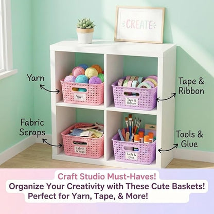 Mixed Color Small Plastic Open Storage Weave Baskets, 6-Pack Versatile Shelf Organizer Woven Baskets for Classrooms, Children's Rooms, and Pantries, Pink/Purple-10x7.5x4 inch