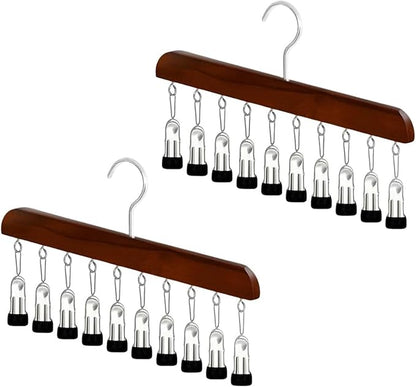 10-Clip Hanging Closet Organizer, Space Saving Pants Hanger with Adjustable Clips, Multi-Layer Garment Rack for Ties, Scarves, Belts, Clothes Storage(2*Vintage)