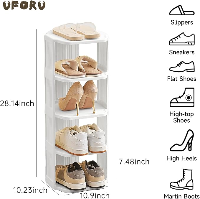 UFORU Small Shoe Rack, 5 Tier Plastic Vertical Shoe Rack for Small and Narrow Spaces, Free Standing Shoe Organizer for Closet, Entryway