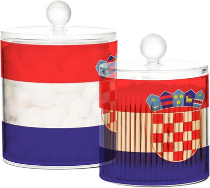 DOMIKING Croatia Flag 2 Pack Bathroom Canisters Cotton Swab Holder Dispenser Plastic Cotton Ball Jar Acrylic Storage Containers for Cotton Ball Cotton Swab Cotton Round Pads