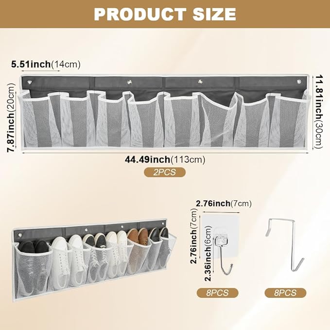 2 Pack RV Shoe Storage with Sticky Adhesive Tape, 16 Large Pocket Wall Mounted Entryway Shoes Rack, Narrow Space Saving Closet Organizers for Lightweight Shoes RV & Camper Essentials
