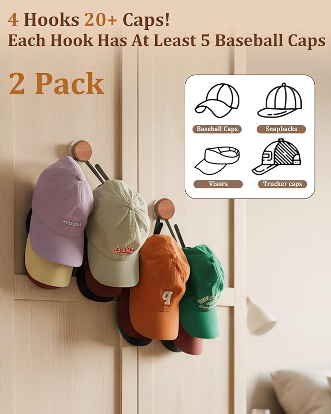 2 Pack Hat Rack for Wall, Stainless Steel Baseball hat Organizer, Adhesive Hat Storage Holder for Door & Bedroom, Holds Up to 25 Hats, 4 Storage Options