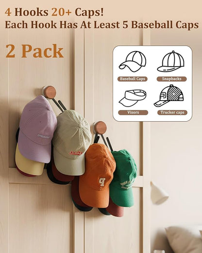 2 Pack Hat Rack for Wall, Stainless Steel Baseball hat Organizer, Adhesive Hat Storage Holder for Door & Bedroom, Holds Up to 25 Hats, 4 Storage Options