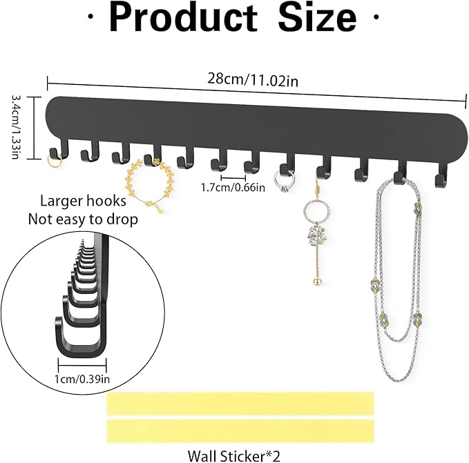 Necklace Holder - Hanging Jewelry Organizer, Self-Adhesive Wall Mounted for Necklaces, Bracelets, 2 Pack, Black