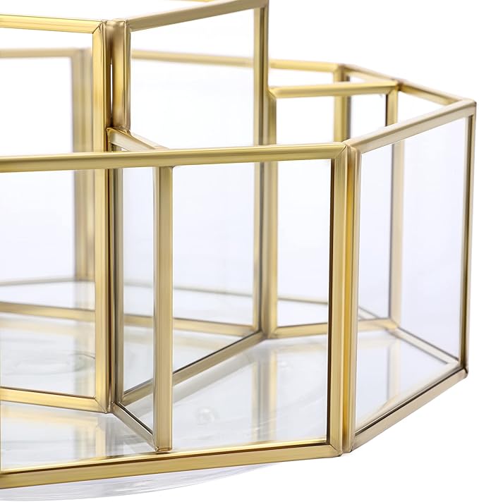 Hipiwe 360 Degree Rotating Glass Makeup Organizer- 5 Slots Gold Metal Cosmetic Storage Display Holder Octagon Dresser Bathroom Spinning Vanity Organizer For Makeup Brushes, Lipsticks, Perfume