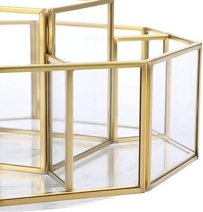 Hipiwe 360 Degree Rotating Glass Makeup Organizer- 5 Slots Gold Metal Cosmetic Storage Display Holder Octagon Dresser Bathroom Spinning Vanity Organizer For Makeup Brushes, Lipsticks, Perfume