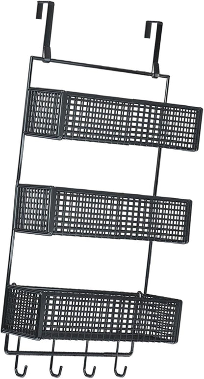 Over The Door Organizer Wall Mounted Shelf Large Capacity Seasoning Shelves Door Back Metal Wire Basket for Cabinet Bedroom, S Black