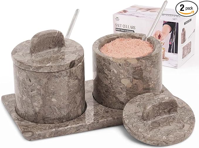 Marble Salt Cellar 4 Inch Salt Jar with Lid, Table Salt Containers for Countertop, Salt Dish, Salt Holder, Spice Jars, Sugar Bowl, Seasoning Container Set of 2, Salt Dispenser