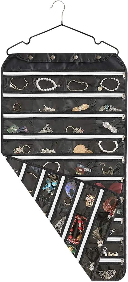 BB Brotrade Hanging Jewelry Organizer with Oxford Double Side 80 Zippered Storage Pocket (black)