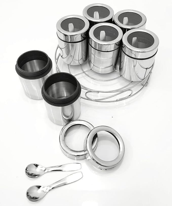 VISAXMI® Masala Box for Kitchen | Spice Box Stainless Steel | Masala Dabba Steel | Spice Container | Spice Organizer With See through lid | Masala Dani for Kitchen 175ml Each - (Silver)