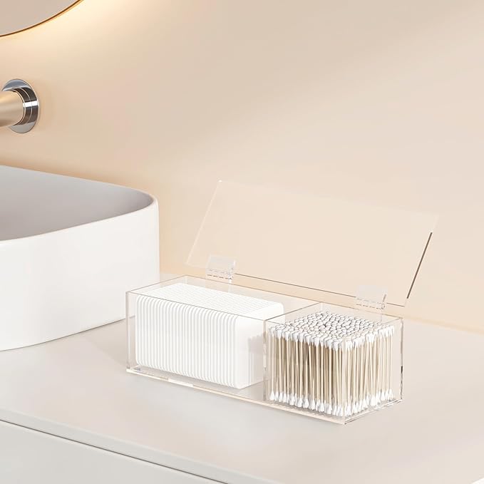 Clear Acrylic Qtip Holder for Clean Skin Club Clean² Pads Clean with Flip-Top Lid 2-Grid Canister Cotton Pad and Swab Dispenser Cotton Round Organizer for Bathroom Vanity Countertop