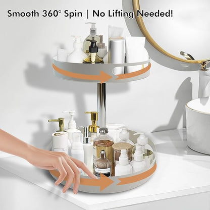 360° Rotating Bathroom Countertop Organizer, Metal Makeup Organizer for Vanity,2-Tier Spinning Storage Tray for Bathroom,Kitchen,Living Room,Multi-Purpose Countertop Shelf,White Lazy Susan