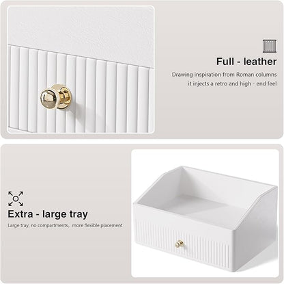 LADSTAG Makeup Organizer,Leather Skin Organizer with 1 Drawer&Tray,Luxury Beige White Makeup Storage for Perfume,Bedroom,Bathroom,Gifts for Women,Womens Gifts (White, 1-Drawer)