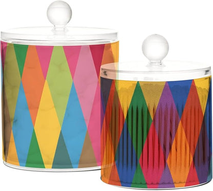 2 Pack Qtip Dispenser Apothecary Jars with Lids Cotton Round Holder Bathroom Canisters for Cotton Swab Floss Ball Pads Clear Plastic Decorative Colorful Argyle