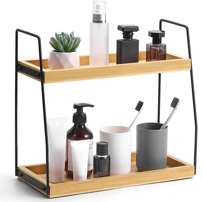 Bamboo Bathroom Counter Organizer, Wooden Bathroom Sink Countertop Organizer, 2 Ties Vanity Counter Top Shelf, Dresser Skincare Storage Rack