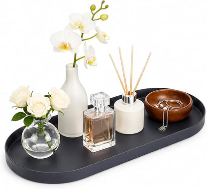 Bathroom Countertop Organizer, 11.8" x 5" Metal Bathroom Tray, Oval Decorative Tray Vanity Tray with Suede Bottom, Perfume Organizer & Jewelry Storage for Spa, Bedroom, Kitchen (Black)