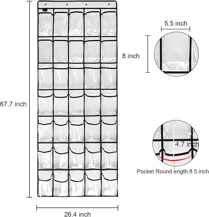 Clear Crystal 2 Pack 35 Pockets Large Hanging Shoe Organizer Over The Door Shoe Rack for Closet Door Storage Shoe Holder Hanger, 8Hooks, white