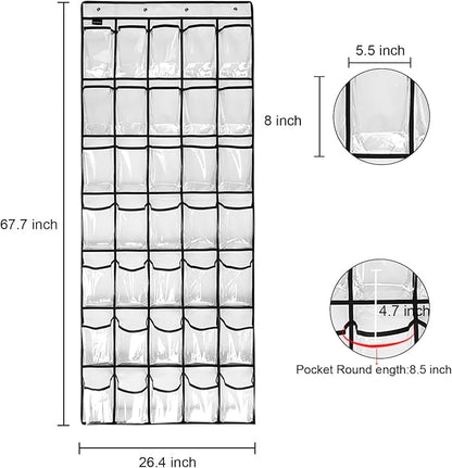 Clear Crystal 2 Pack 35 Pockets Large Hanging Shoe Organizer Over The Door Shoe Rack for Closet Door Storage Shoe Holder Hanger, 8Hooks, white