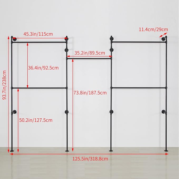Industrial Pipe Clothes Rack, Heavy Duty Detachable Wall Mounted Black Iron Garment Bar, Clothing Store Display Stands Garment Rack Closet System (125.5 x 93.7inch)