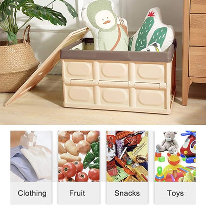 Collapsible Storage Box with lid 30L Lidded Storage Bin Crates Plastic Tote Container Stackable Folding Utility Crates Shelf Basket for Clothes Books Snack Shoe Storage Container (Khaki)