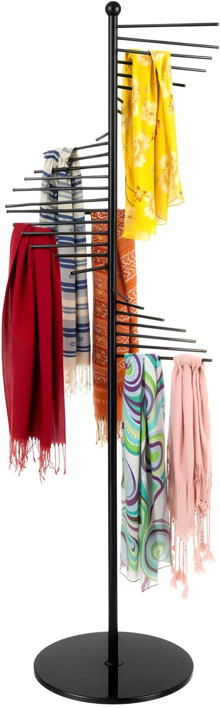 Scarf Organizer 30 Tiers, 67" Height Spiral Scarf Holder, Metal Hijab Organizer for Multiple Scarves Purse Hat, Floor-Standing Belt Pants Hanger for Store Boutique Home (Black)