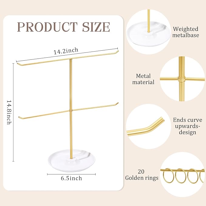 Metal Claw Clip Organizer, 2-Tier Hair Clip Holder Stand with Tray, Hair Clip Storage Display Rack with 20 Golden Rings, Hair Accessories Organizer Room Decor for Women and Girls