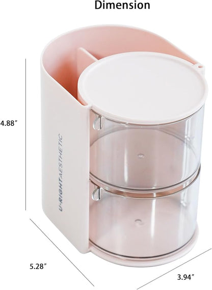 FABROK 2-Layer Clear Hair Accessories Organizer with Hair Brushes Holder, Rotatable Small Jewelry Box for Necklaces、Earring, Desktop Organizer Case for Hair Accessories, Cotton Swab(Pink)