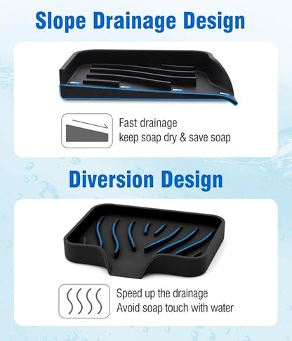 AIMAIAIMAI 3-Pack Silicone Soap Dish Set – Bar Soap Holder with Self-Draining Design, Easy-Clean Tray for Shower, Bathroom, Kitchen, and Tub (Black)
