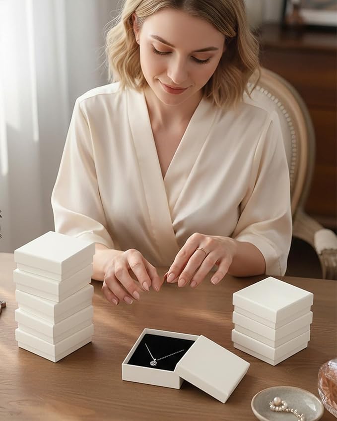 Rocutus Jewelry Gift Boxes for Necklace, Earring, Ring - Cotton Filled Cardboard Paper Jewelry Box Gift Cases for Wedding, 12 Pack Engagement, Gift Packaging, Luxury Jewelry Box, Ring Box (White)