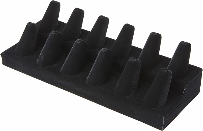 Plymor Black Velvet 2-Tier Ring Finger Display, Twelve on Rectangular Base, 8.125" W x 3.25" D x 2.5" H