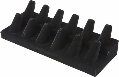Plymor Black Velvet 2-Tier Ring Finger Display, Twelve on Rectangular Base, 8.125" W x 3.25" D x 2.5" H