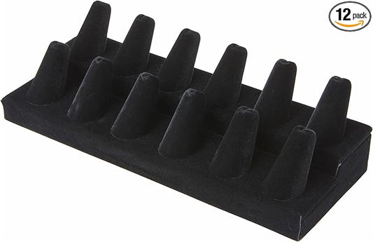 Plymor Black Velvet 2-Tier Ring Finger Display, Twelve on Rectangular Base, 8.125" W x 3.25" D x 2.5" H (Pack of 12)