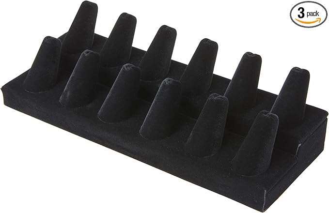 Plymor Black Velvet 2-Tier Ring Finger Display, Twelve on Rectangular Base, 8.125" W x 3.25" D x 2.5" H (Pack of 3)